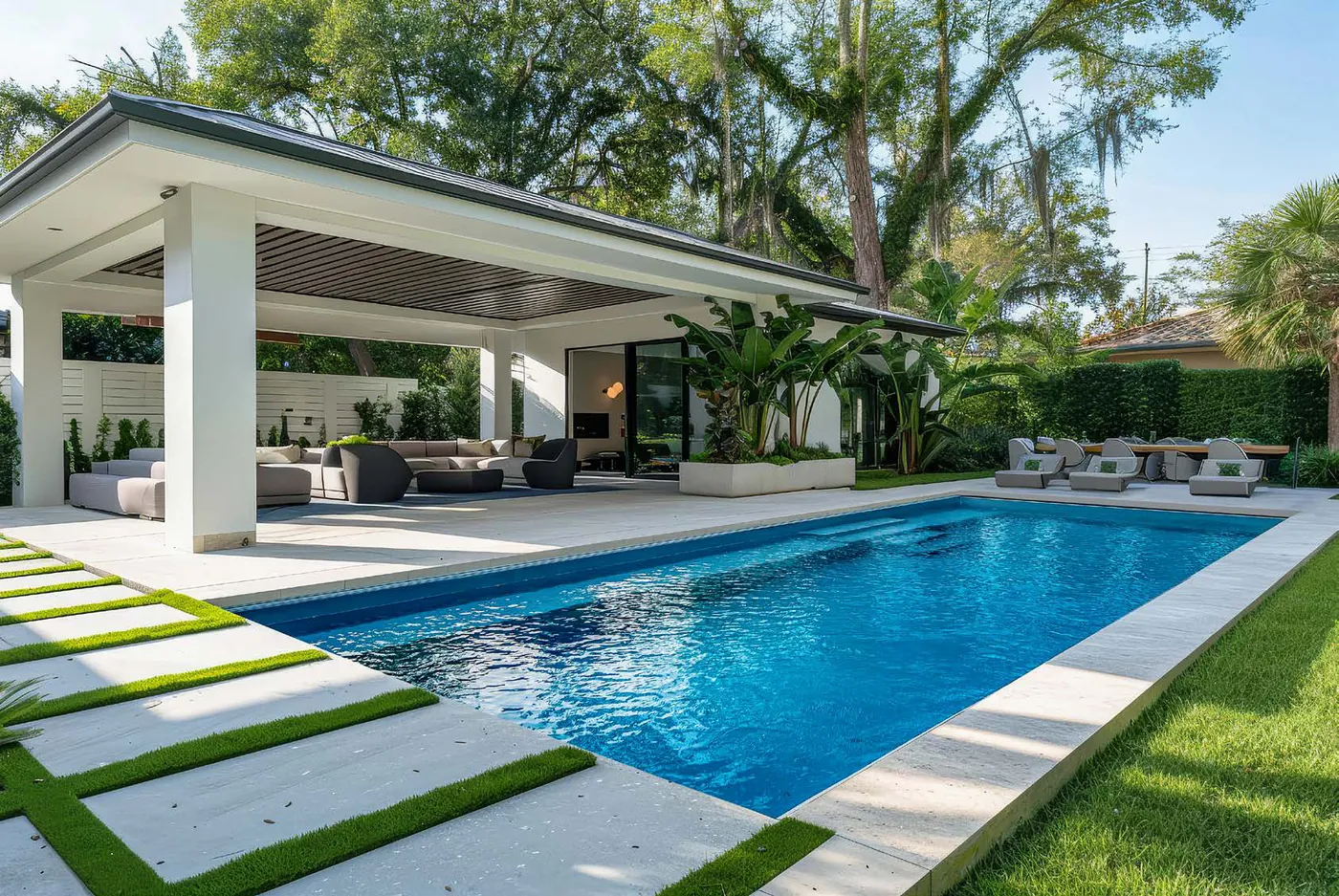 The Everest fiberglass pool installed beside a covered patio