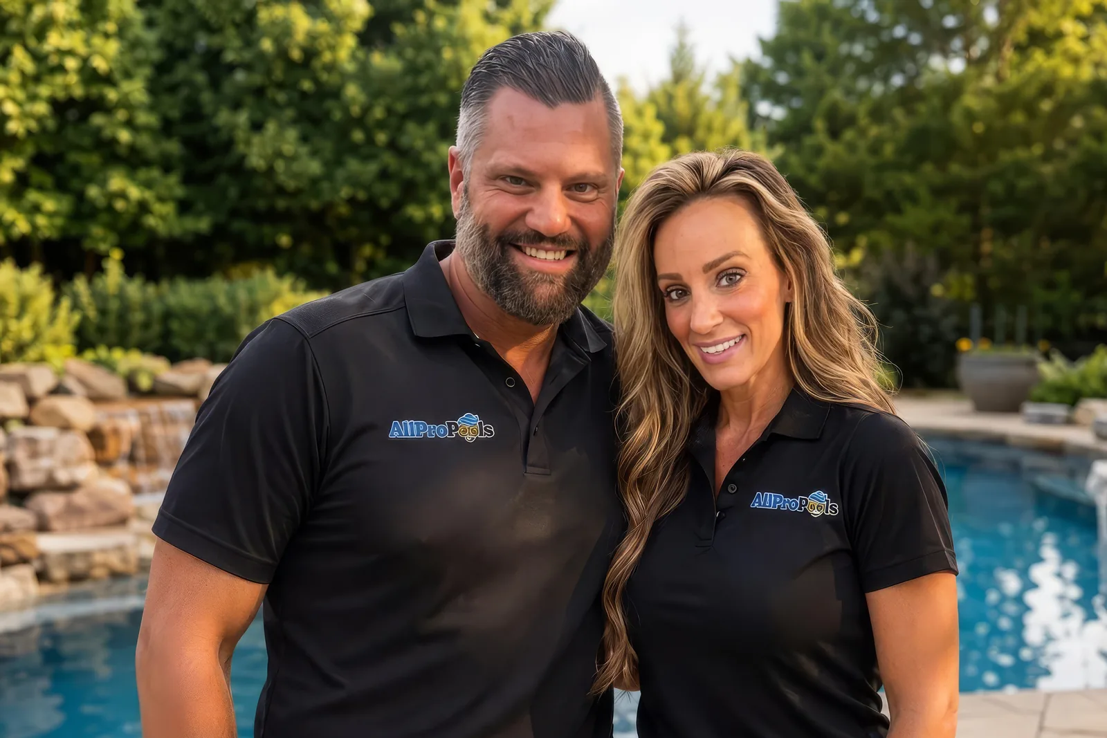 Andrew Catapano and Tiffany Bartko, owners of All Pro Pools, beside a fiberglass pool in Central Ohio