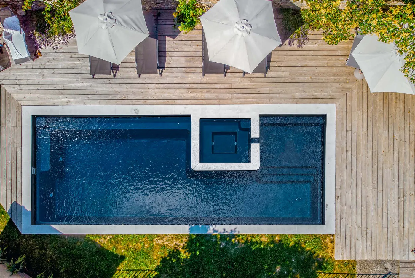 The Sacred fiberglass pool with its built-in spa, seen from above
