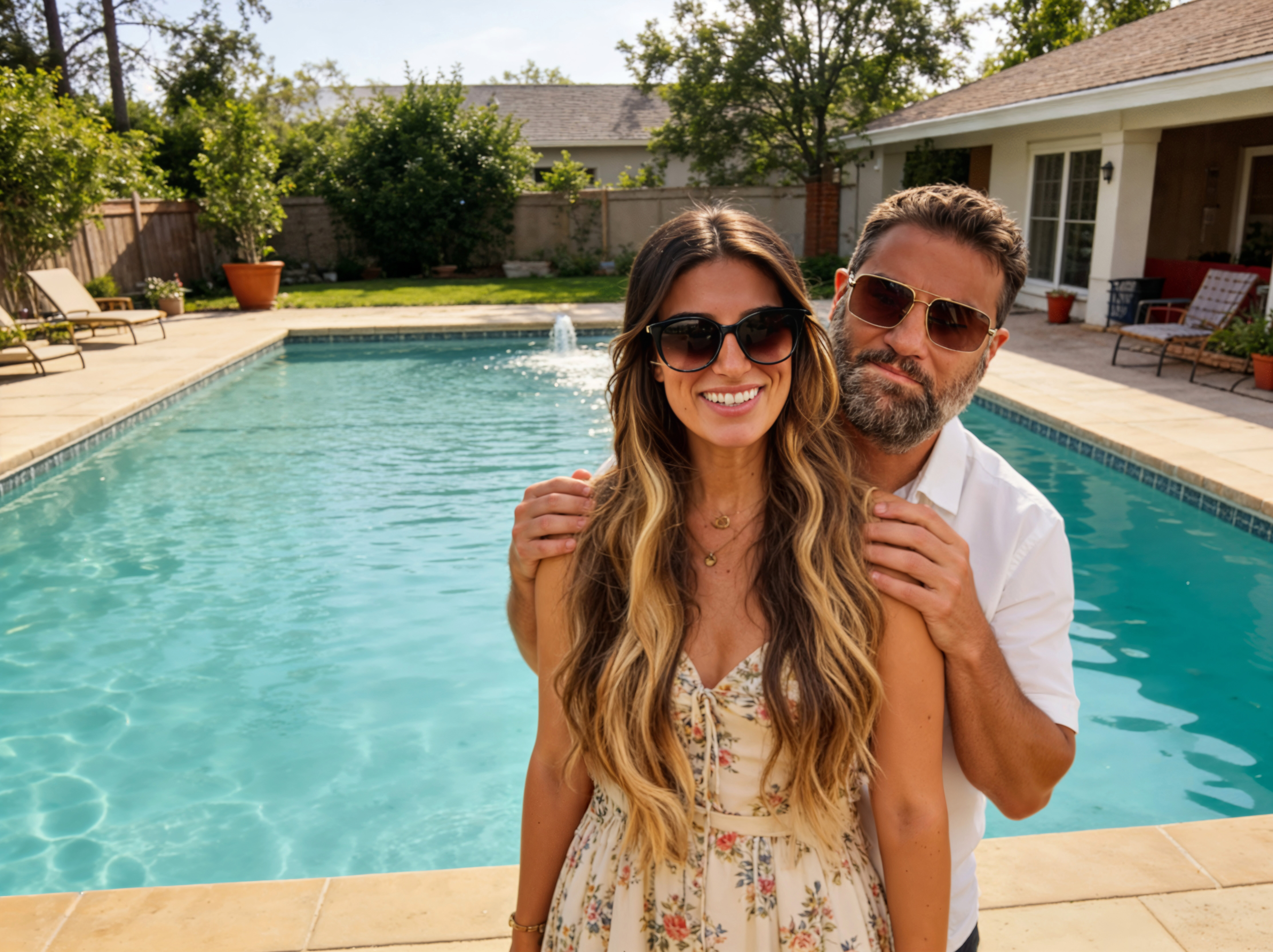 Couple enjoying their backyard pool